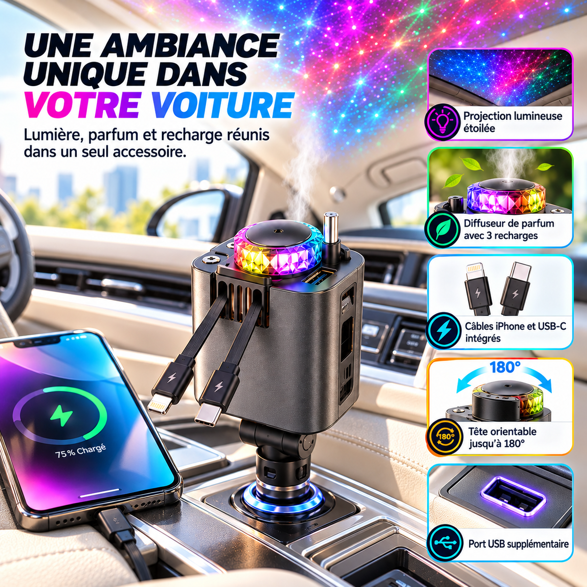 SmartDrive™ 5-en-1  :Rechargez, parfumez, illuminez votre voiture